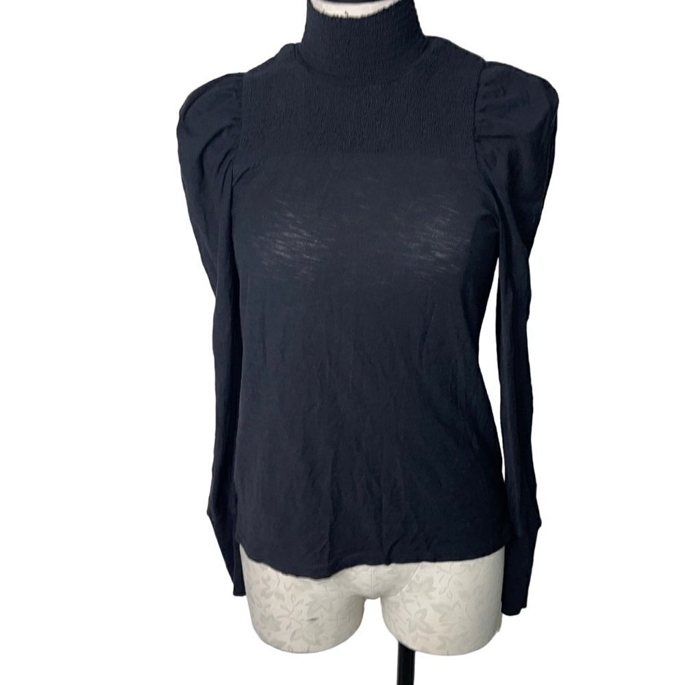 Nation LtD Womens Top Size M Black Smocked Mock Neck Puff Shoulder Pure Cotton